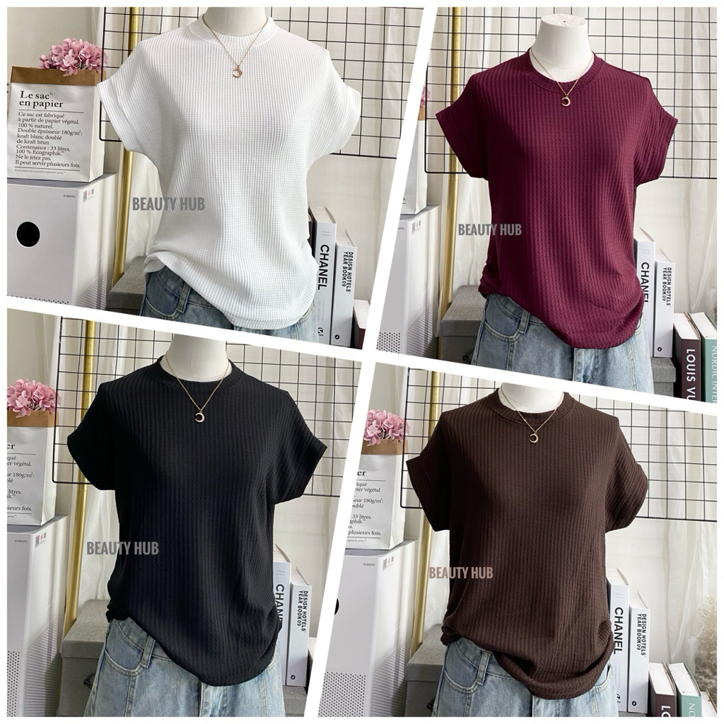 [ 523 ] เสื้อยืดผ้าลายวาฟเฟิลเนื้อนุ่ม ระบายอากาศดี คอกลมแขนตกไหล่ ทรงหลวมสไตล์มินิมอล จับจีบด้านข้าง ใส่สบาย