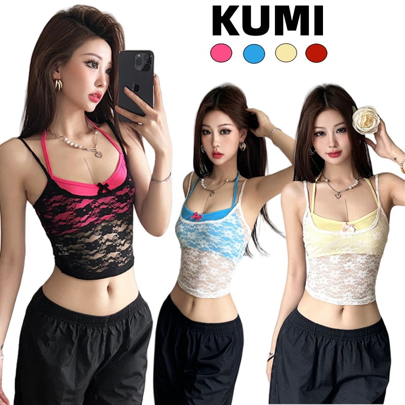 KUMI พร้อมส่ง เสื้อสายเดี่ยวลูกไม้ เสื้อSet2ชิ้น ทรางรัดรูป เสื้อครอปท็อป ติดโปว์ Y2k เซ็กซี่แฟชั่นผู้หญิง สไตล์คล้องคอ