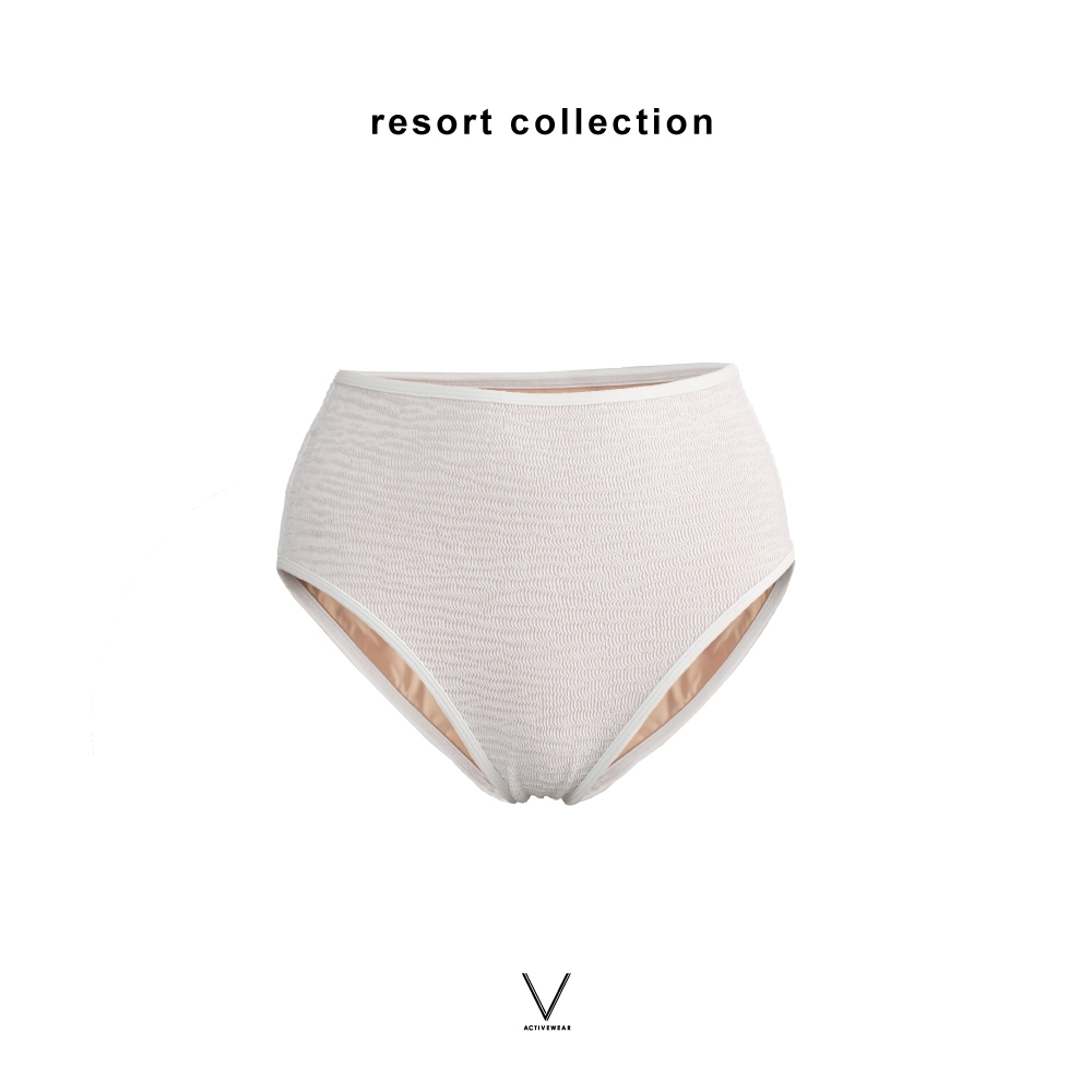 RESORT COLLECTION 2025 WHITE SMOCK HIGH WAIST BRIEF กางเกงว่ายน้ำเอวสูง ผ้าสมอคสีขาว ผ้าหนา  กัน UV UPF 50+