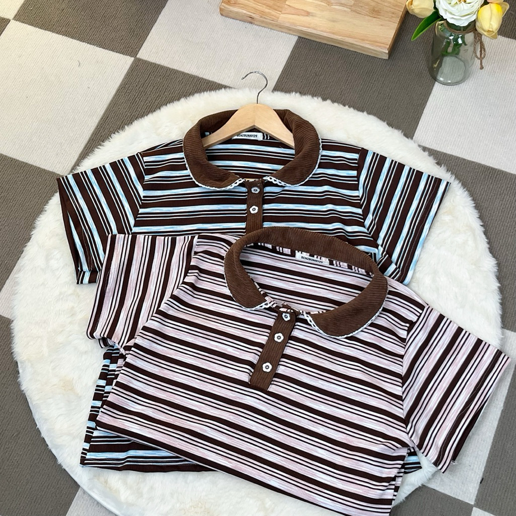 Benzbunny - *ผ้าหนา* เสื้อโปโลลายริ้วกระดุมดอกไม้ ผ้ายืดเยอะ สาวอวบ อก 36-48” #2130