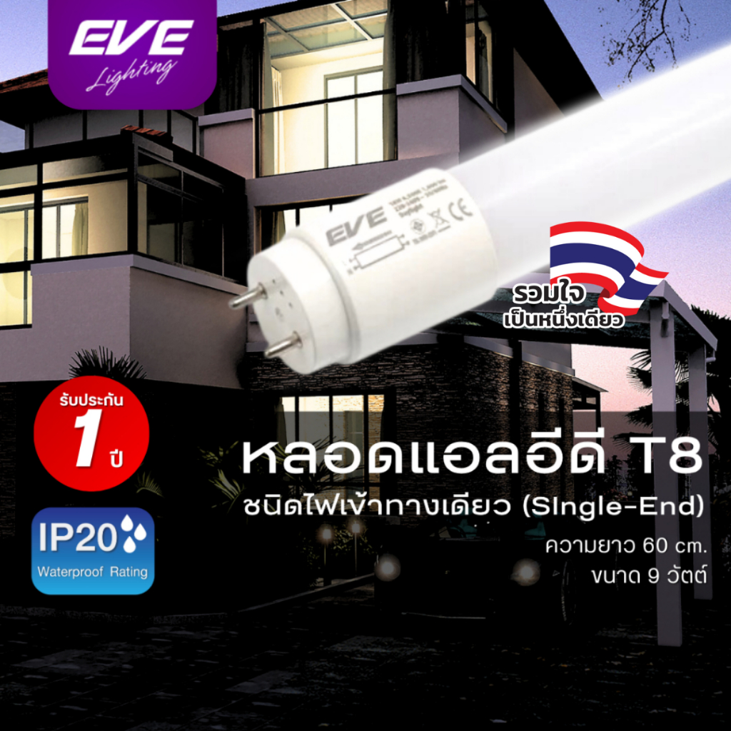 EVE หลอดแอลอีดี LED T8 (เฉพาะหลอด) ชนิดไฟเข้าทางเดียว Single-End ขนาด 9W แสงขาว 6500K เดย์ไลท์