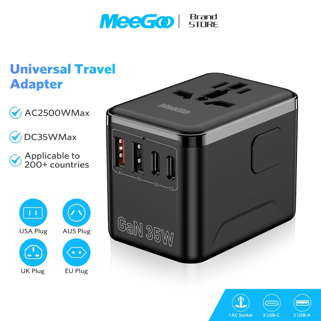 MEEGOO ปลั๊กท่องเที่ยว แกลเลียมไนไตรด์ GAN หัวปลั๊กไฟทั่วโลก AC2500W DC35/45/67/100/140W Universal Travel Adapter