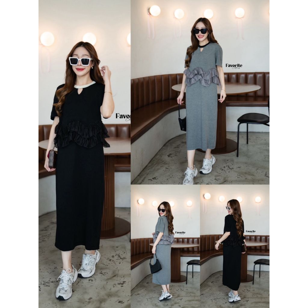 •FAVORITE• FVR 8332 เดรสไหมพรมแขนสั้น ดีเทลแต่งระบายรอบเอว แต่งเจาะคอเพิ่มความเก๋ งานผ้านุ่มใส่สบาย
