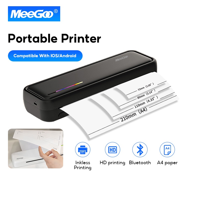 MeeGoo เครื่องปริ้นพกพา A4 Thermal USB+Bluetooth เครื่องพิมพ์พกพาไร้หมึกHD 200 dpi พิมพ์ฉลาก