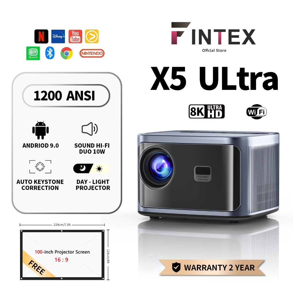 FintexPro X5 Ultra 8k projector ต่อมือถือ มินิโปรเจคเตอร์ มีแอปในตัว โฟกัส อัตโนมัติ Netflix Youtube โฮมเธียเตอร์ office