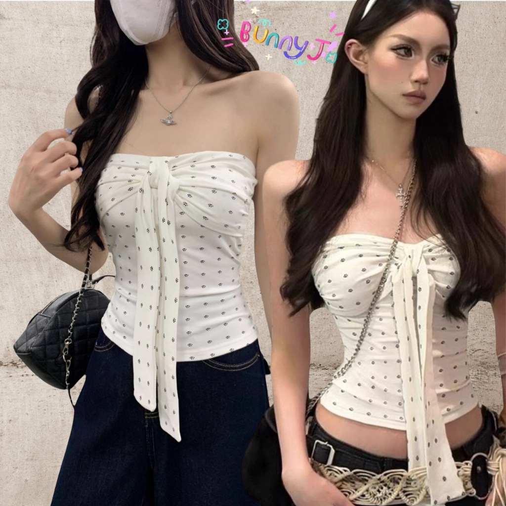 เสื้อเกาะอก polka dot ดอท พร้อมส่งในไทย ดีเทลลายจุด ตรงอกผูกได้ BunnyJ. ไม่อยากตกเทรนห้ามพลาด