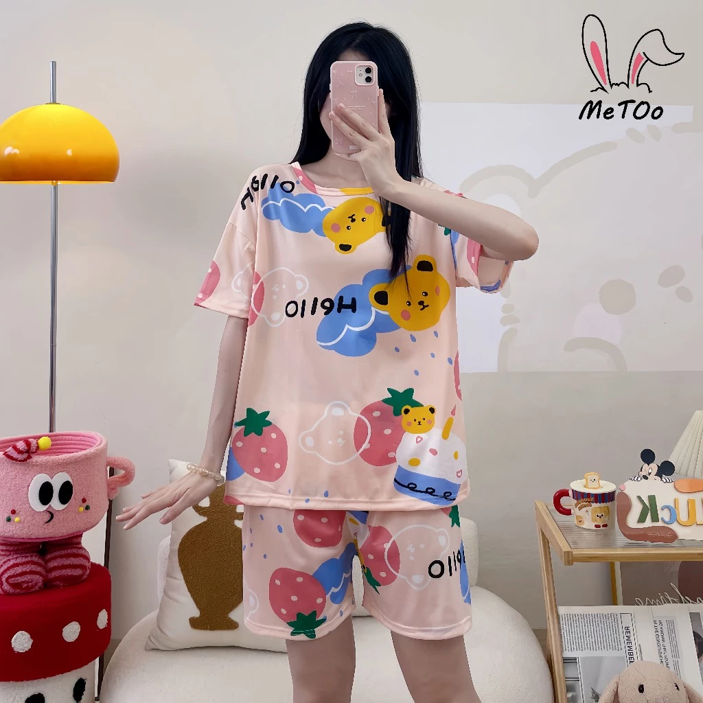 MeToo ผ้าฝ้ายสไตล์ญี่ปุ่นชุดนอนผู้หญิงแขนสั้น ทรงหลวมมีหลายสีผ้าลื่นๆใส่นอนไม่ร้อนระบายอากาศได้สบาย ชุดนอนคอกลม+กางเกงนอ thumbnail 4
