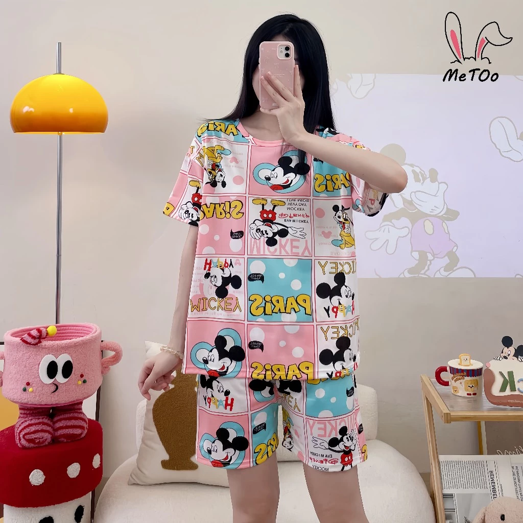MeToo ผ้าฝ้ายสไตล์ญี่ปุ่นชุดนอนผู้หญิงแขนสั้น ทรงหลวมมีหลายสีผ้าลื่นๆใส่นอนไม่ร้อนระบายอากาศได้สบาย ชุดนอนคอกลม+กางเกงนอ thumbnail 6