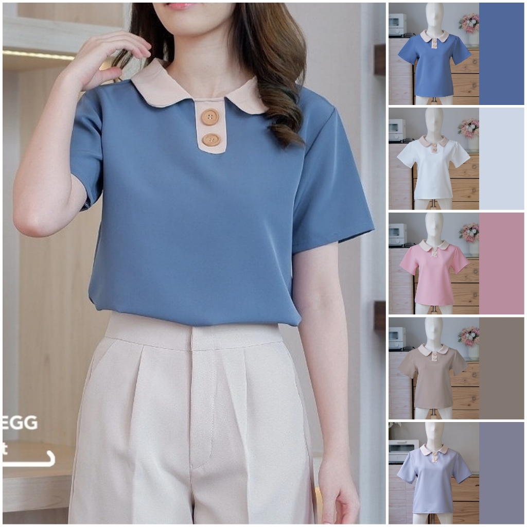B18 เสื้อทํางานผู้หญิง แขนสั้น คอปกทูโทน  แต่งกระดุมไม้ สีธรรมชาติ โทนสีมินิมอล Easter Egg