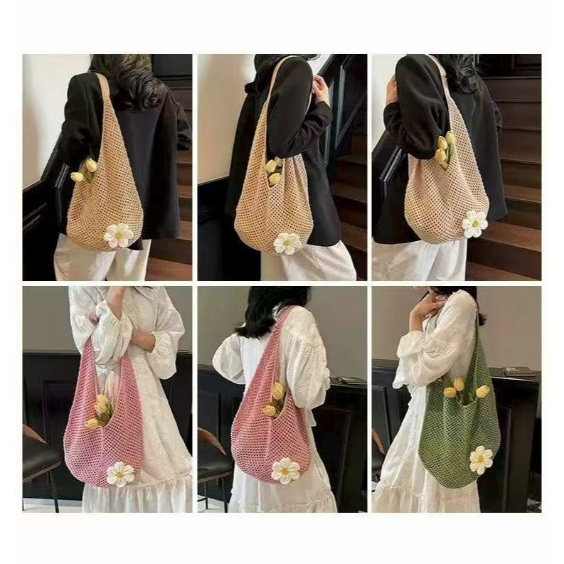 [ZZ1006] กระเป๋าสะพายไหล่ถักไหมพรม มีดอกไม้ กระเป๋าทอขนาดใหญ่ความจุเยอะ สินค้าพร้อมส่ง - รูปที่ 7