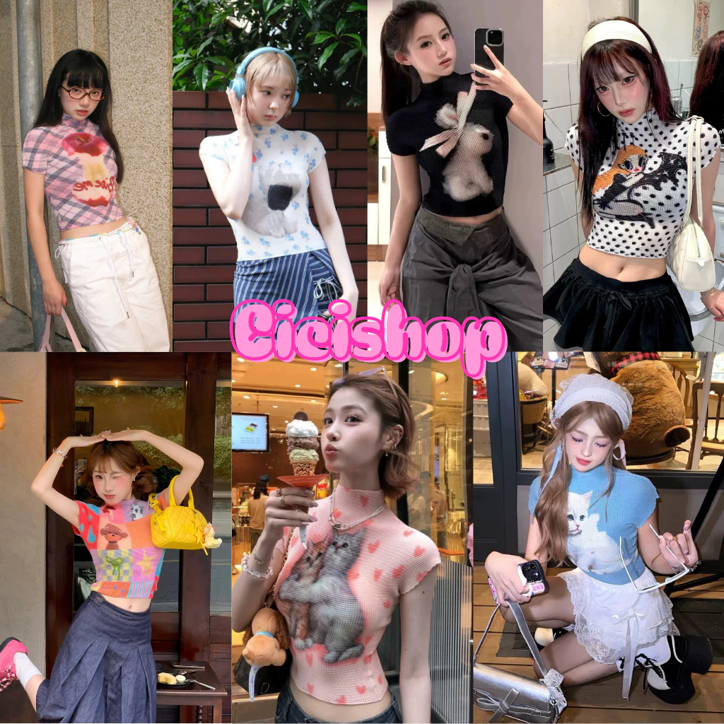 Cicishop(J2190)เสื้อครอปคอปีนแขนสั้น ผ้าชีฟองอัดพลีท พิมพ์ลายน่ารักๆ สไตล์สาวY2K