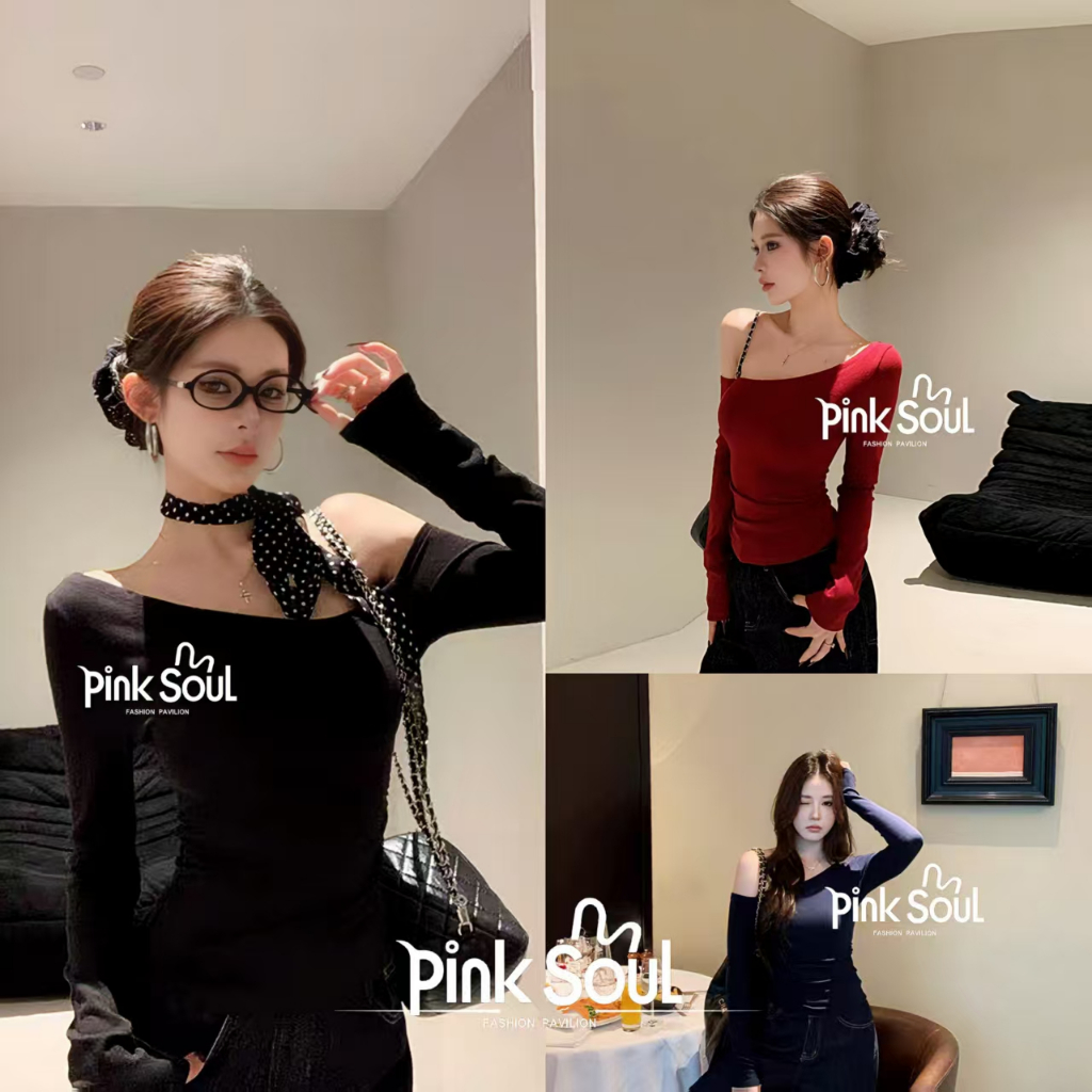 พร้อมส่ง เสื้อปาดไหล่ แขนยาว เอวสม็อค 1 ข้าง ทรงสวย แนวเกาหลี ผ้าเรยอน ยืดได้เยอะมาก สาวอวบอ้วนใส่ได้