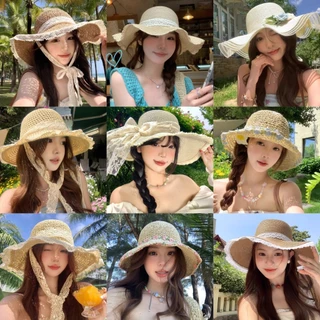 หมวกฟาง ปีกหมวกกว้าง เนคไทลูกไม้ปักลาย พร้อมเชือกกันลม มีหลายแบบให้เลือก ส่งไวจากไทย