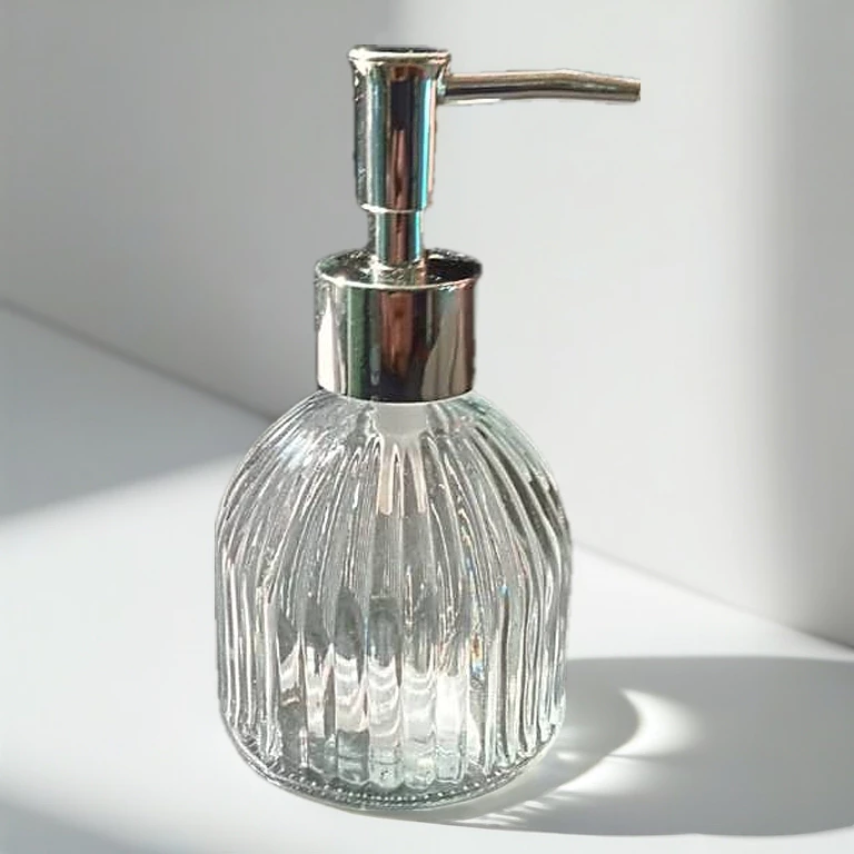 ขวดแก้วหัวปั้มแก้วใส หัวปั้มสแตนเลสสีเงิน ขนาด 200ml.No.3757