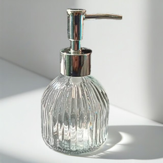 ขวดแก้วหัวปั้มแก้วใส หัวปั้มสแตนเลสสีเงิน ขนาด 200ml.No.3757