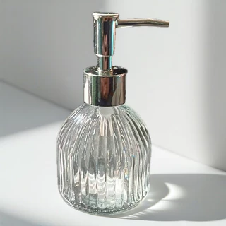 ขวดแก้วหัวปั้มแก้วใส หัวปั้มสแตนเลสสีเงิน ขนาด 200ml.No.3757