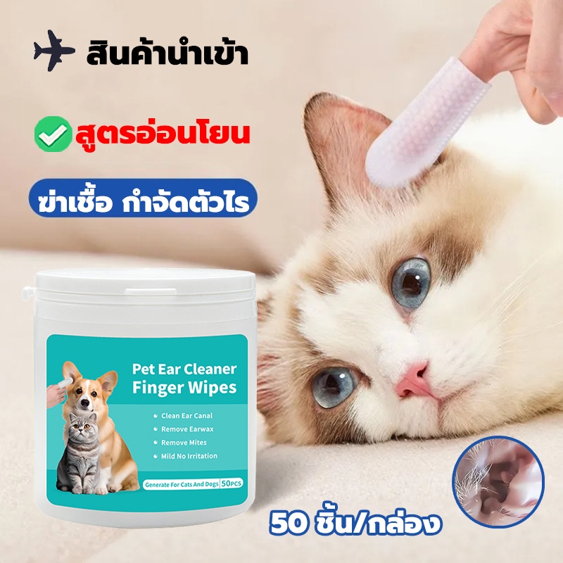 เช็ดหูแมว 50 ชิ้น/กล่อง เช็ดตาแมว แผ่นเช็ดแมว แผ่นเช็ดตาสุนัขและแมว เช็ดหูสัตว์เลี้ยง ทำความสะอาดหู