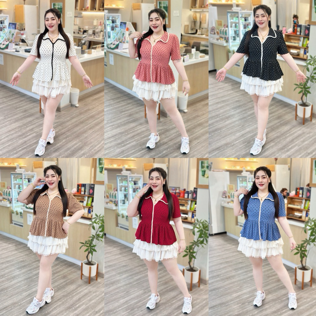 เสื้อสาวอวบ ลายจุด คอปก  อก38-46 แต่งของชายระบาย ทรงสวย  (A108)