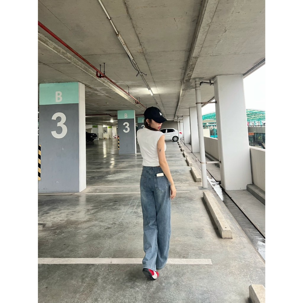 กางเกงยีนส์กระบอกกลางเอวสูงป้านวินเทจสีBlue1368 - รูปที่ 3