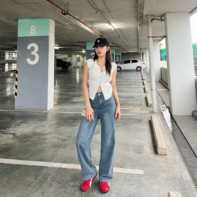 กางเกงยีนส์กระบอกกลางเอวสูงป้านวินเทจสีBlue1368