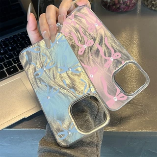 เคสสีชมพูน้ำเงิน Pearl Bow สุดหรู เคสไอโฟน13 เคส IPhone 11 Pro 16 13 14 15 12 Pro Max XR X XS Max 8 7 15 Plus 16Pro Max