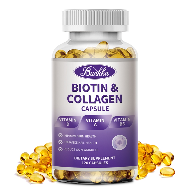 Biotin คอลลาเจนแคปซูลที่มีไบโอติน 5000mcg สามารถปรับปรุงสุขภาพผิวหนังและกระดูก 120 แคปซูล