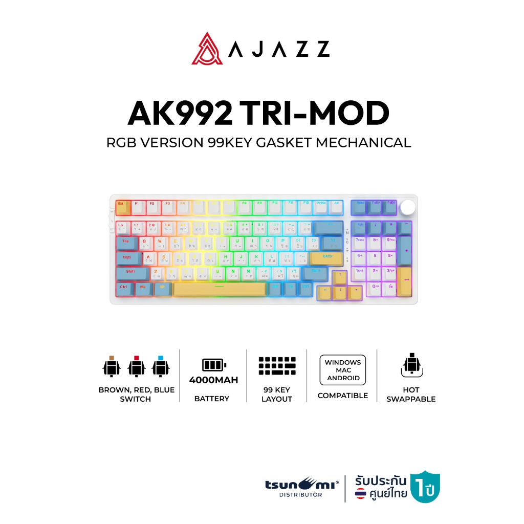 คีย์บอร์ดเกมมิ่ง Ajazz AK992 Tri-Mod RGB Version 99Key Gasket Mechanical Keyboard รับประกันสินค้า 1 