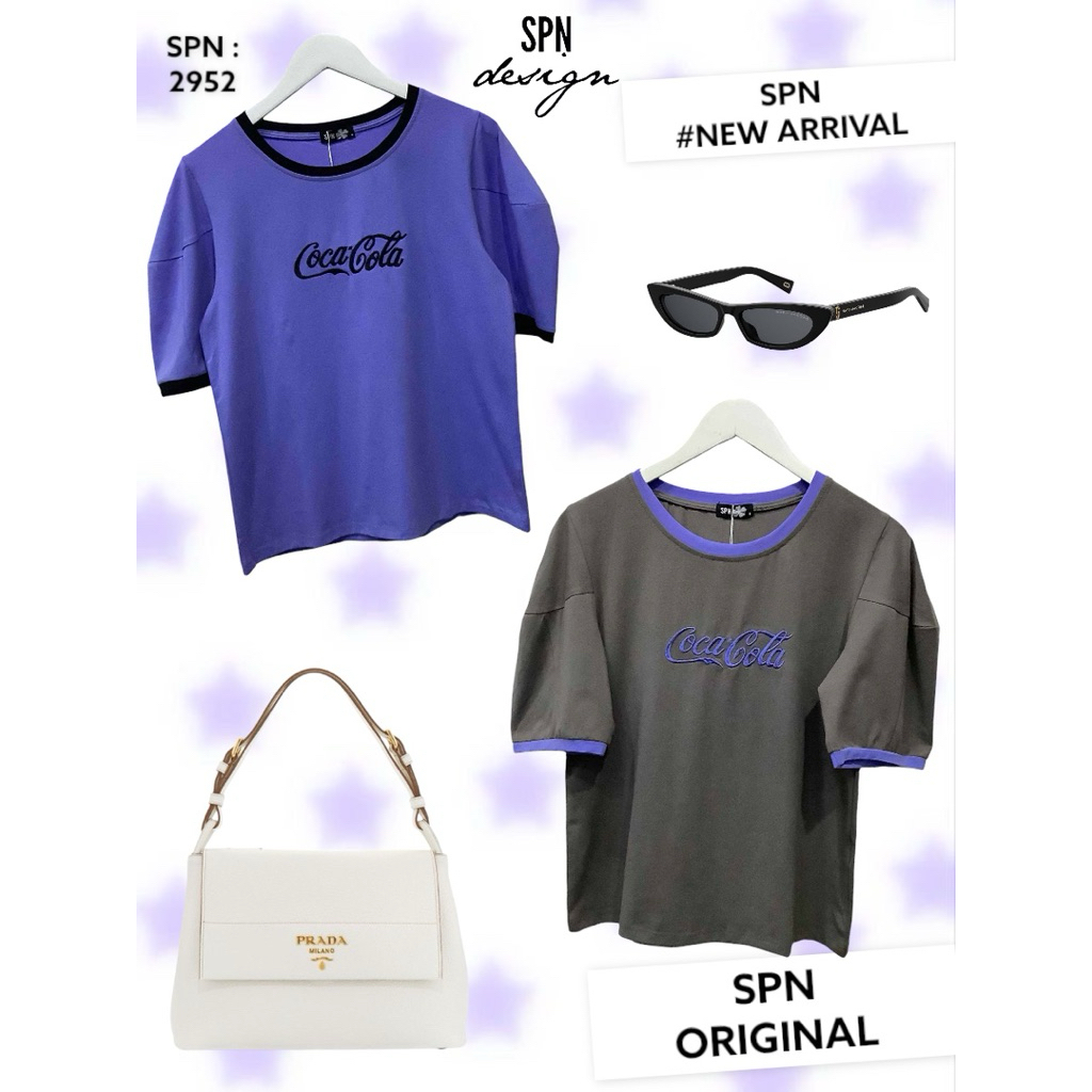 SPN 2952 เสื้อผ้ายืดคอกลม กุ๊นคอ แขนบอลลูน สีม่วง/เทา ความยาว 23”