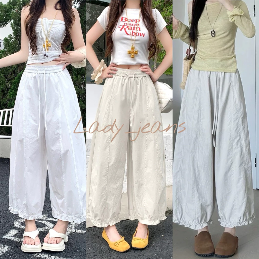 Lady_jeans#9332(K)กางเกงขายาว ทรงมินิมอล ปลายขาแต่งระบาย