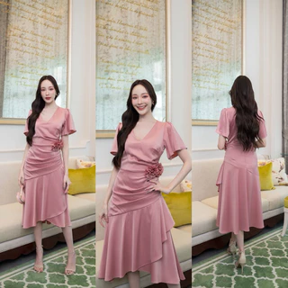 ชุดเดรส ชุดออกงาน ชุดราตรี FP068 เกรดพรีเมี่ยม คอวี แขนสั้น