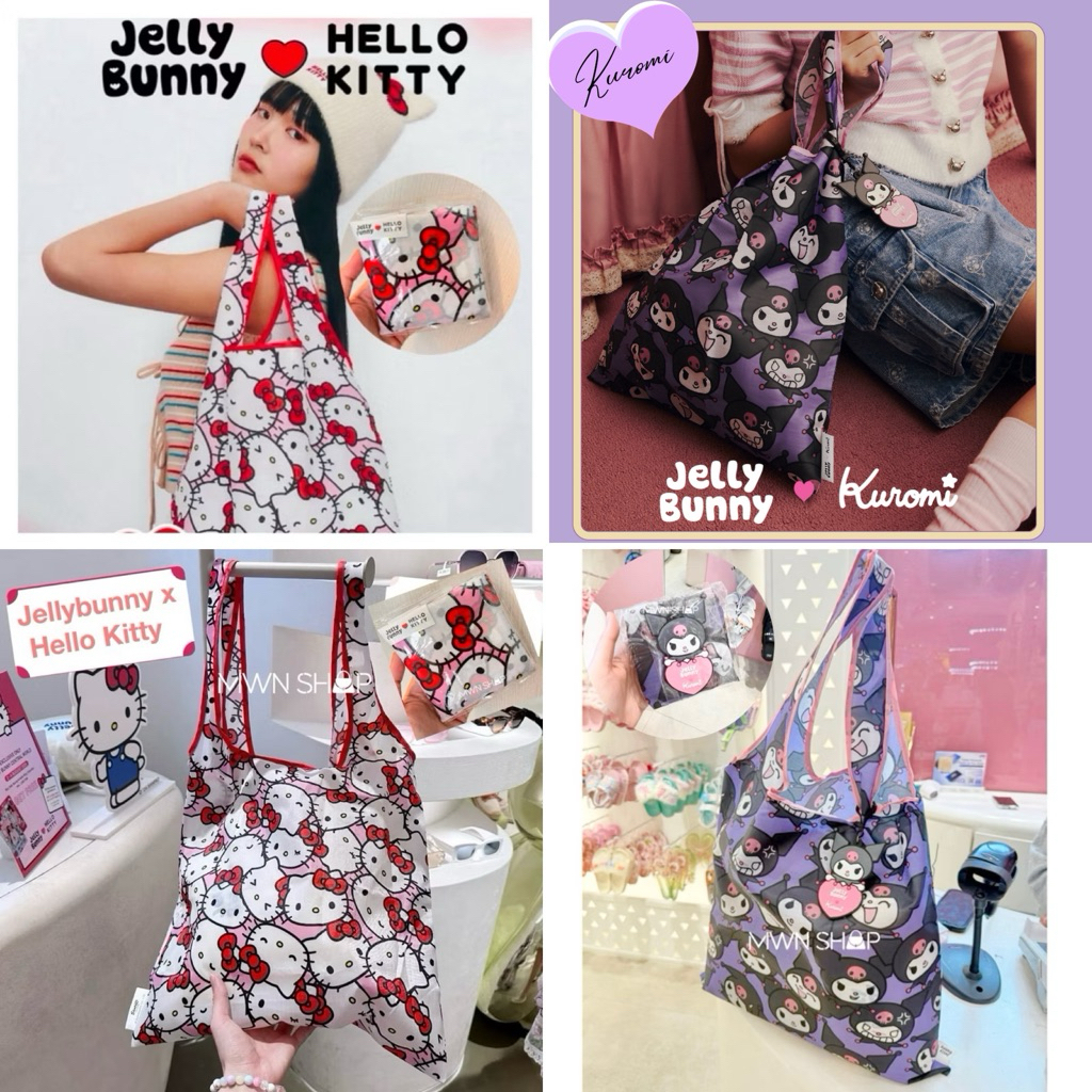 Jellybunny กระเป๋า มีโค้ดลด30% hello kitty & kuromi ถุงผ้าพับเก็บได้ ของแท้จากชอป