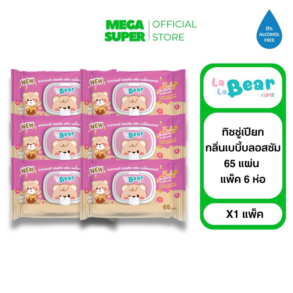 [แพ็ค 6] Lala bear ทิชชู่เปียกลาลาแบร์ กลิ่นเบบี้บลอสซัม ปราศจากแอลกออฮอล์ จำนวน 65 แผ่น : ห่อ x6