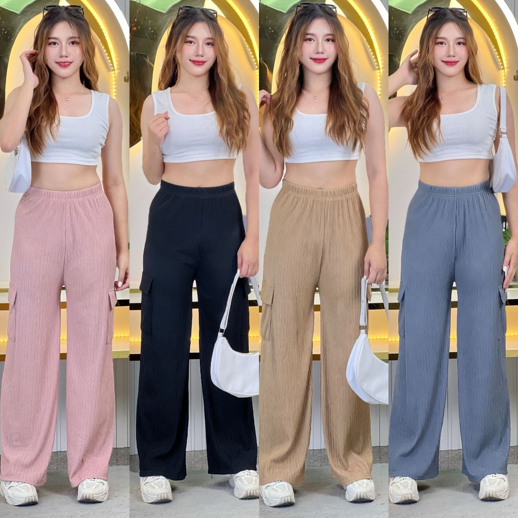🌈🍓emma_clothing พร้อมส่งทุกวัน โค้ดลดเยอะ🍓🆙COD🆙กางเกงคาร์โก้ ผ้าเปลือกไม้ ทรงสวย หลากสี กางเกงขายาวผู้หญิง ขาปล่อย K9186