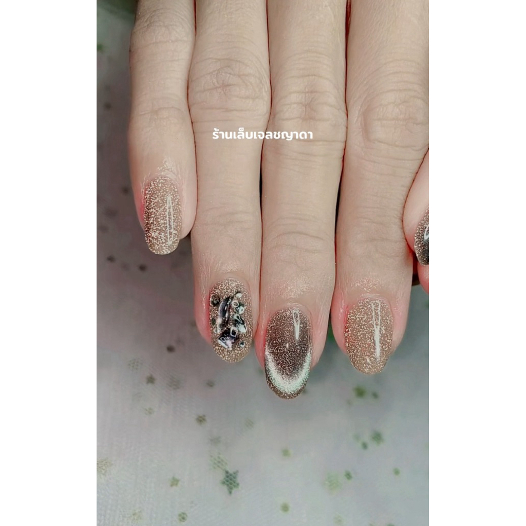 เล็บเจลแฟลชน้ำตาลอ่อนสลับลูกแก้วติดเพชร🤎🤍💎