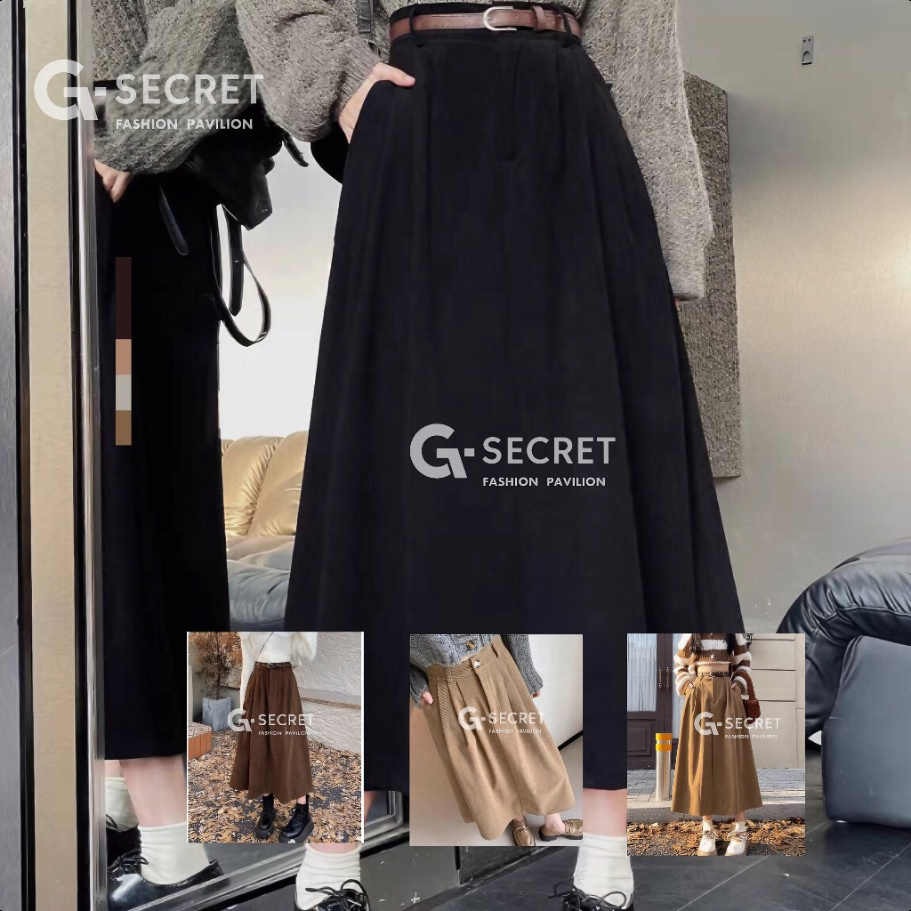 พร้อมส่ง กระโปรงยาว ลูกฟูก เอวสม็อคหลัง เนื้อผ้านุ่มนิ่ม ใส่สบาย แมทซ์ลุคง่าย รุ่นกระดุมหน้า ทรงบาน สไตล์เกาหลี