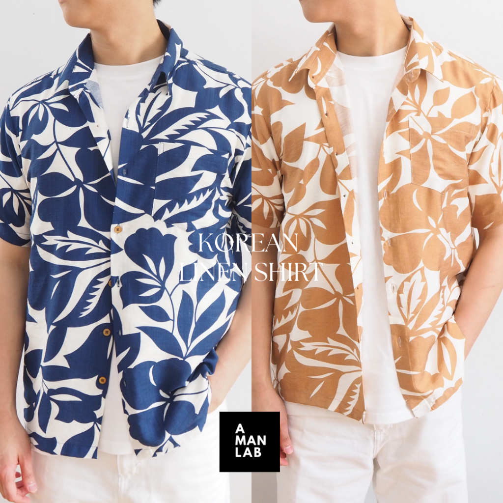 [ลินินลาย] เสื้อเชิ้ตแขนสั้น ผู้ชาย เสื้อฮาวาย ปกเชิ้ต สไตล์เกาหลี เสื้อเชิ้ตผู้ชาย