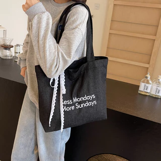 bag_1(BAG2098) กระเป๋าถือผ้าผ้ายีนส์ งานปัก LessMondays+มีโบว์
