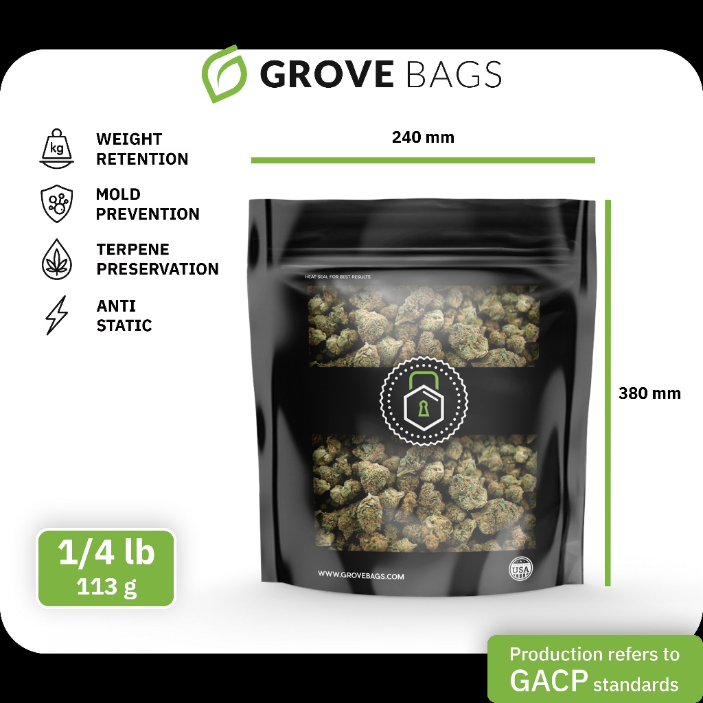 Grove Bags ถุงบ่ม Curing Bag 1/4 lb(113g)20 ชิ้น พร้อม TerpLock รักษากลิ่น ป้องกันเชื้อรา under GACP