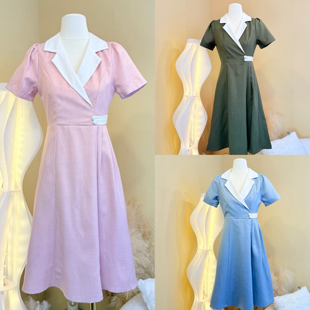 [LISA] A1150 ชุดเดรสกระโปรงยาวคอปกแขนสั้นดีเทลแต่งกระดุมช่วงเอวเรียบหรูดูแพงใส่เที่ยวออกงาน ดินเนอร์