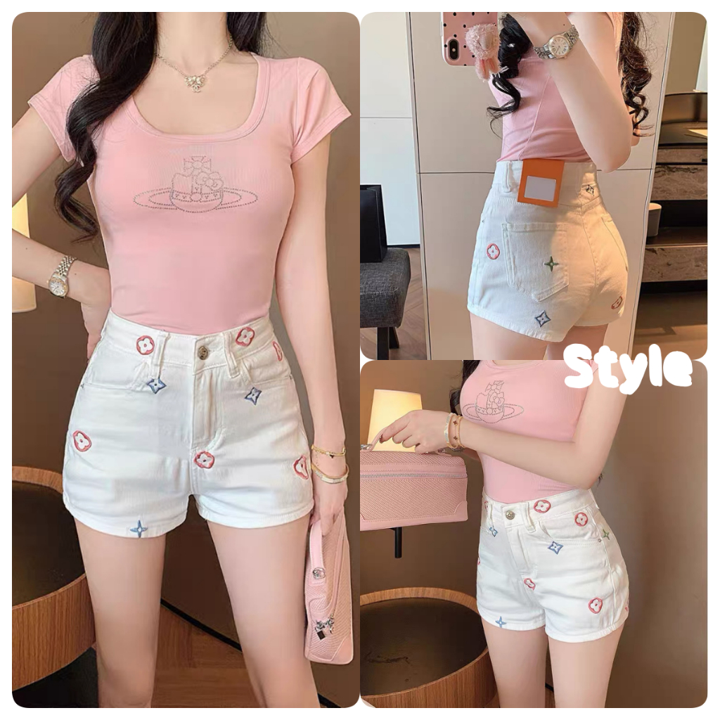 กางเกงยีนส์ขาสั้นดีไซน์ปักลายแฟชั่น กางเกงขาสั้นเอวสูง