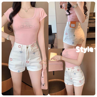 กางเกงยีนส์ขาสั้นดีไซน์ปักลายแฟชั่น กางเกงขาสั้นเอวสูง