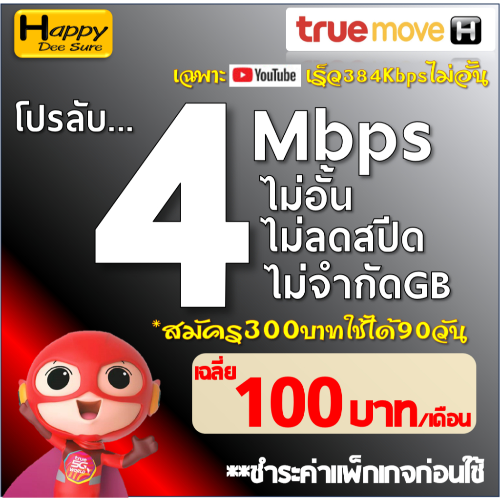 ซิมทรู True เน็ตไม่อั้น ไม่ลดสปีด 30Mbps 15Mbps 8Mbps 10Mbps 6Mbps 4Mbps  จ่ายค่าโปรก่อนใช้ มีแบบให้