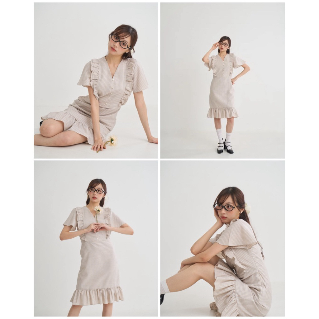 Clearance SALE เดรสสีเบจ เดรสสุภาพ เดรสมินิมอล ชุดทำงาน เดรสลินิน