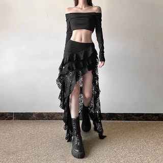 [Sheing office]🌟พร้อมส่ง🌟กระโปรงสั้นทรงเข้ารูปเอวสูงเย็บระบายสำหรับผู้หญิง