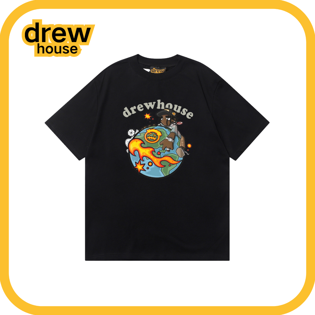 เสื้อยืด Drew House T-Shirt แขนสั้น Drew ผ้าฝ้ายแท้ ใส่สบาย ไม่ซีดจาง “โลก” ชุดคู่รัก สไตล์สตรีท ผ้าฝ้ายผสม
