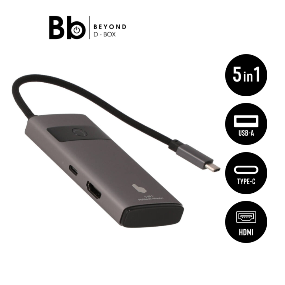Blue Box Port Hub USB Type-C 5-in-1 Multifunction Converter with Screen On/Off button Grey by BB Bey