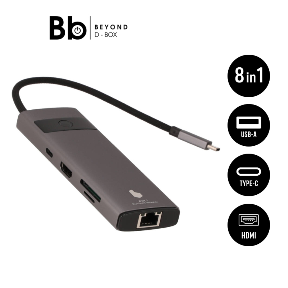 Blue Box Port Hub USB Type-C 8-in-1 Multifunction Converter with Screen Grey by BB Beyond D-Box