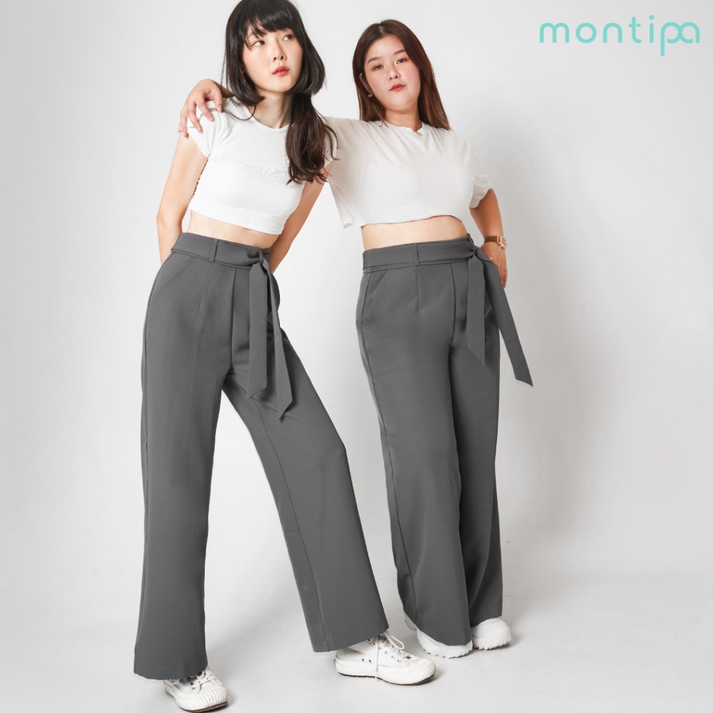 Montipa กางเกงทรงกระบอกใหญ่ ดีเทลสายคาดเอวเพิ่มความCute ผ้า Ironfree 42PWV62