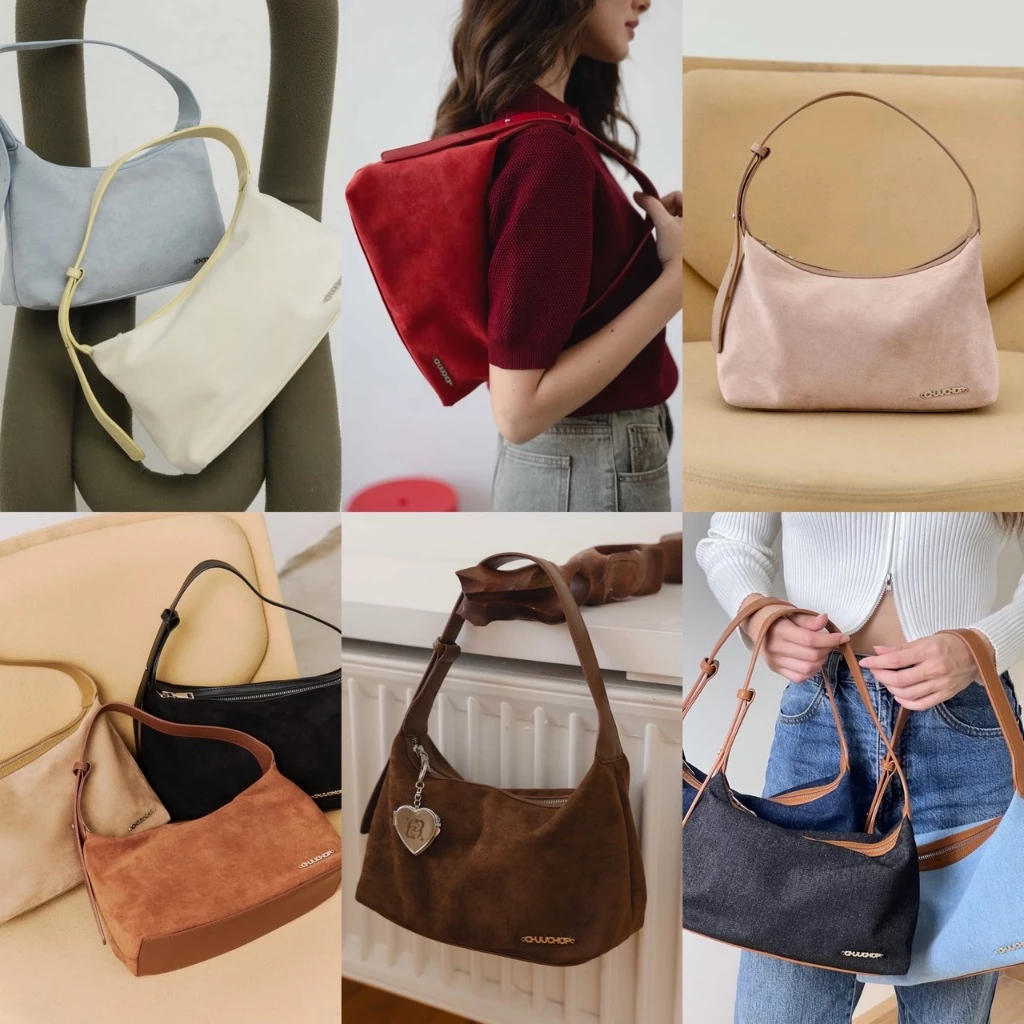 [พร้อมส่ง] CHUUCHOP - Wendy bag กระเป๋าข้างสะพายข้างสไตล์คลาสสิค หนังกลับและยีนส์ (C8316)