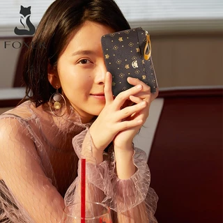 FOXER กระเป๋าสตางค์สั้นแบบมีซิป ดีไซน์บางเฉียบ ที่ใส่บัตรเครดิต กระเป๋าสตางค์ผู้หญิง ที่หนีบเหรียญสีน้ำตาลกาแฟ